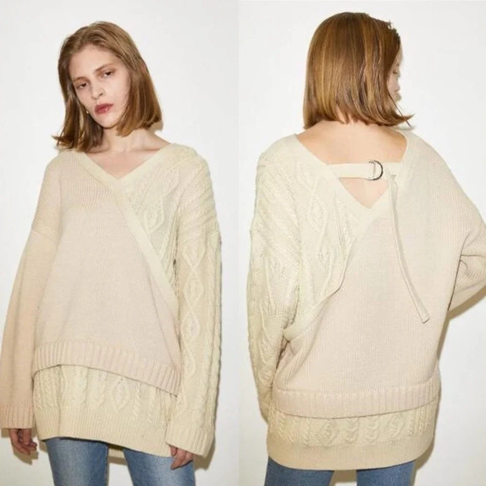 Moussy Cable Knit Layered V-Neck Sweater Ivory Cream One Size